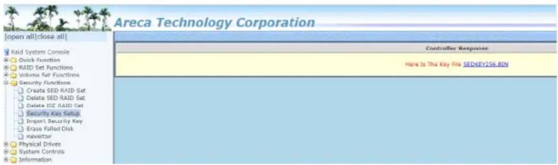 Areca Technology Corporation [open all|close all] Raid System Console Quick Function RAID Set Functions Volume Set Functions Security Functions Create SED RAID Set Delete SED RAID Set Delete IEC RAID Set Security Key Setup Import Security Key Erase Failed Disk HavertSir Physical Drives System Contro…