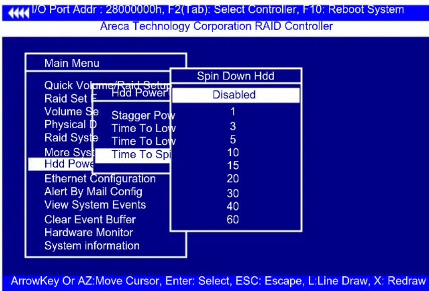 I/O Port Addr : 28000000h, F2(Tab): Select Controller, F10: Reboot System Areca Technology Corporation RAID Controller Main Menu Spin Down Hdd Quick Volume/Raid Setup Hdd Power Disabled Raid Set E Volume Se Stagger Pow 1 Physical D Time To Low 3 Raid Syste Time To Low 5 More Systi Time To Sp 10 Hdd…