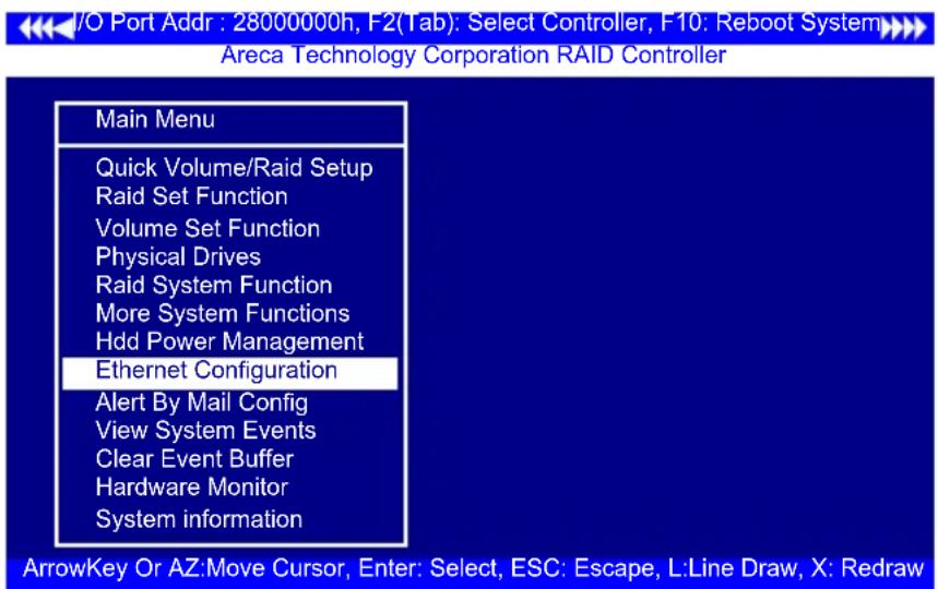 /O Port Addr : 28000000h, F2(Tab): Select Controller, F10: Reboot System Areca Technology Corporation RAID Controller Main Menu Quick Volume/Raid Setup Raid Set Function Volume Set Function Physical Drives Raid System Function More System Functions Hdd Power Management Ethernet Configuration Alert B…
