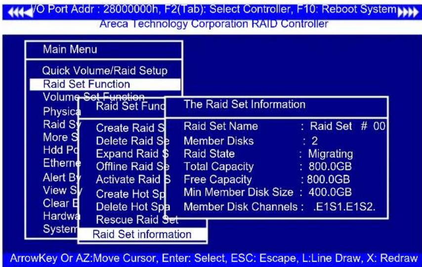 VIO Port Addr : 28000000h, F2(Tab): Select Controller, F10: Reboot System Areca Technology Corporation RAID Controller Main Menu Quick Volume/Raid Setup Raid Set Function Volume Set Function Physical Raid Set Fund The Raid Set Information Raid Set Name : Raid Set # 00 Member Disks : 2 Expand Raid $…