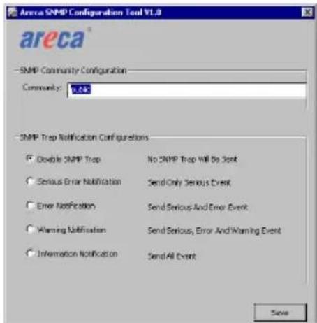 Areca SNMP Configuration Tool V1.0 SNMP Community Configuration Community: 9.0.05 SNMP Trap Notification Configurations ● Double SNMP Trap No SNMP Trap Will Be Sent ○ Serious Error Notification Send Only Serious Event ○ Error Notification Send Serious And Error Event ○ Warning Notification Send Seri…
