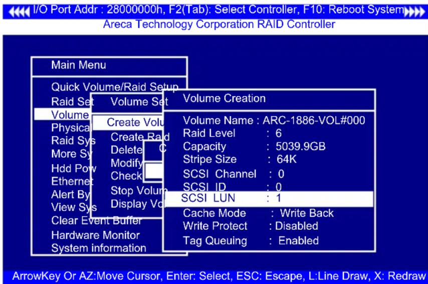 I/O Port Addr : 28000000h, F2(Tab): Select Controller, F10: Reboot System Areca Technology Corporation RAID Controller Main Menu Quick Volume/Raid Setup Raid Set Volume Set Volume Creation Volume Create Volume Physical Create Va Raid Sys Create Raid More Sy Delete C Hdd Pow Modify Ethernet Check Ale…