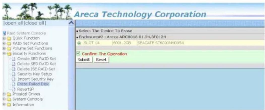 Areca Technology Corporation [open all|close all] Raid System Console Quick Function RAID Set Functions Volume Set Functions Security Functions Create SED RAID Set Delete SED RAID Set Delete ISE RAID Set Security Key Setup Import Security Key Erase Failed Disk RevertSP Physical Drives System Control…