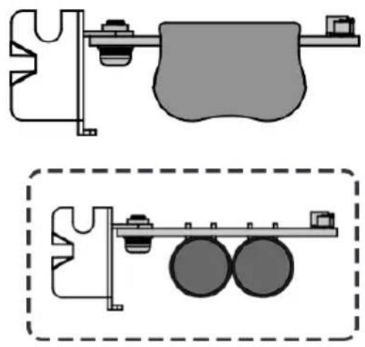 Technical diagram showing two mechanical components with mounting brackets and a rail car (no text or symbols)