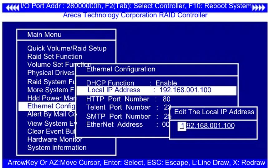 I/O Port Addr : 28000000h, F2(Tab): Select Controller, F10: Reboot System Areca Technology Corporation RAID Controller Main Menu Quick Volume/Raid Setup Raid Set Function Volume Set Function Physical Drives Ethernet Configuration Raid System Fu More System F Hdd Power Man Ethernet Config Alert By Ma…