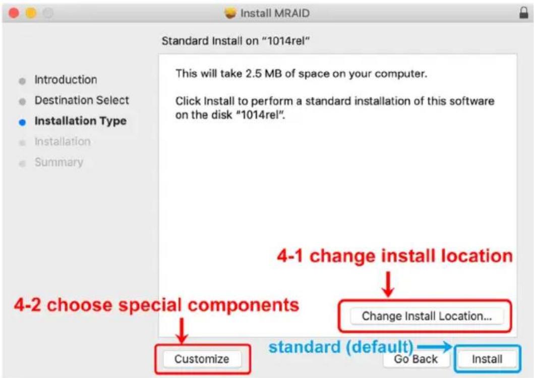 Install MRAID Standard Install on "1014rel" Introduction Destination Select Installation Type Installation Summary This will take 2.5 MB of space on your computer. Click Install to perform a standard installation of this software on the disk "1014rel". 4-1 change install location Change Install Loca…