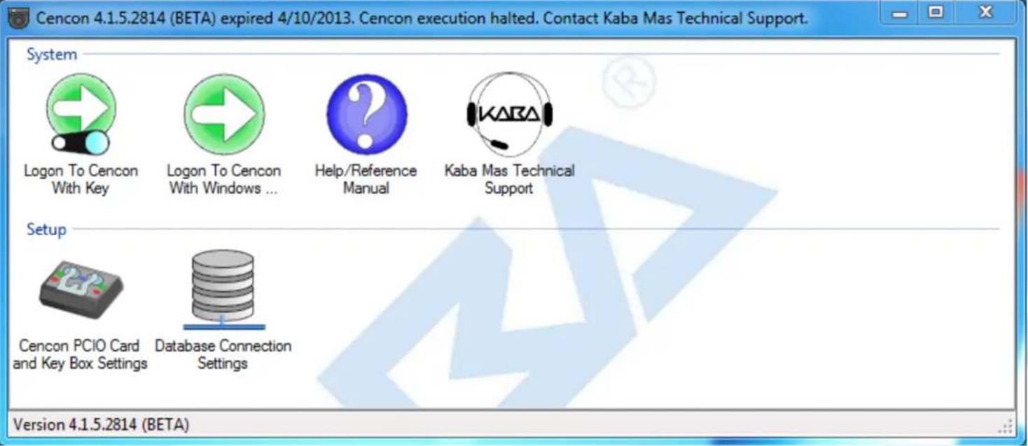 Cencon 4.1.5.2814 (BETA) expired 4/10/2013. Cencon execution halted. Contact Kaba Mas Technical Support. System Logon To Cencon With Key Logon To Cencon With Windows ... Help/Reference Manual KABA Mas Technical Support Setup Cencon PCIO Card and Key Box Settings Database Connection Settings Version 4.1.5.2814 (BETA)