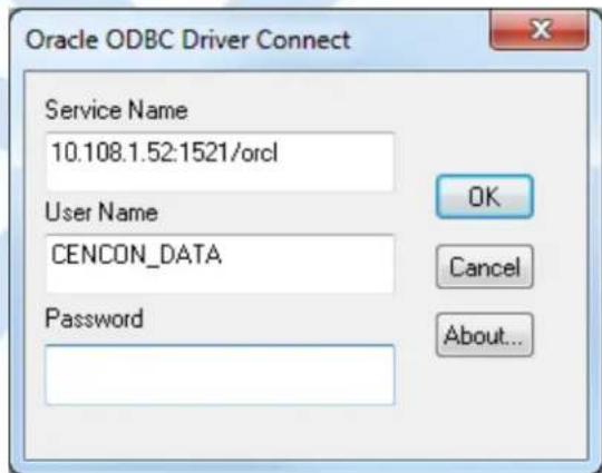 Oracle ODBC Driver Connect Service Name 10.108.1.52:1521/orcl User Name CENCON_DATA Password OK Cancel About...