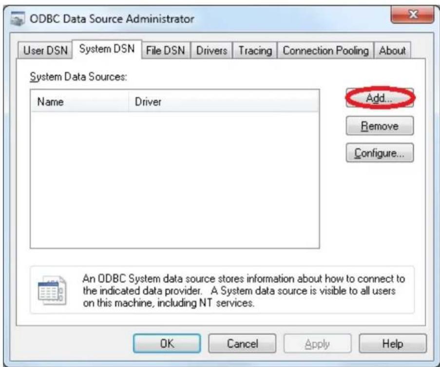 ODBC Data Source Administrator User DSN System DSN File DSN Drivers Tracing Connection Pooling About System Data Sources: Name Driver Add... Remove Configure... An ODBC System data source stores information about how to connect to the indicated data provider. A System data source is visible to all users on this machine, including NT services. OK Cancel Apply Help