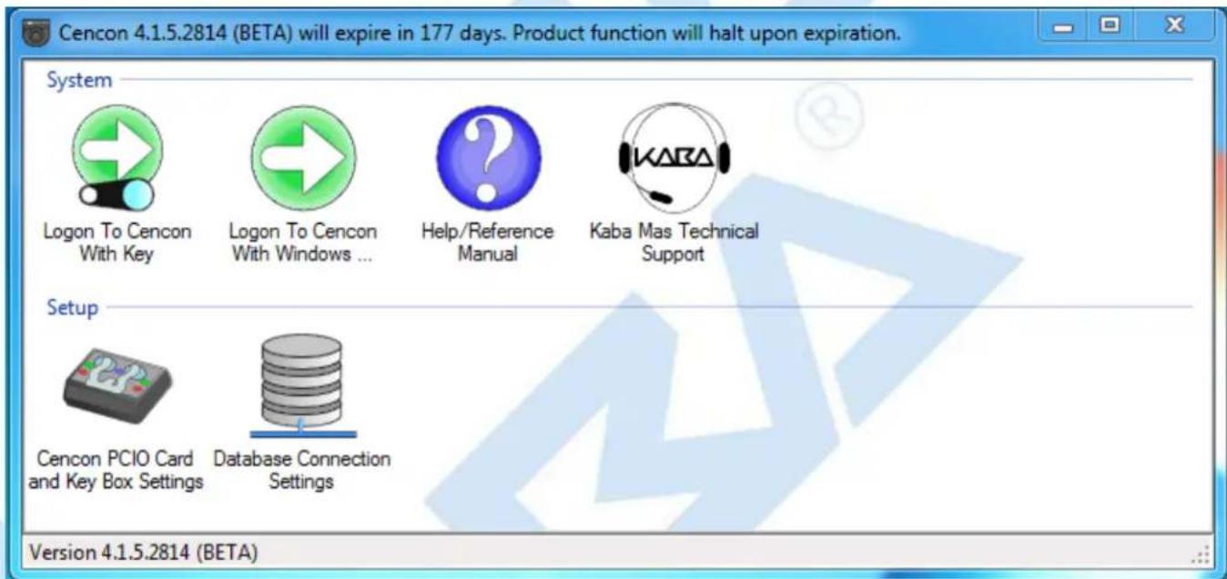 Cencon 4.1.5.2814 (BETA) will expire in 177 days. Product function will halt upon expiration. System Logon To Cencon With Key Logon To Cencon With Windows ... Help/Reference Manual Kaba Mas Technical Support Setup Cencon PCIO Card and Key Box Settings Database Connection Settings Version 4.1.5.2814 (BETA)