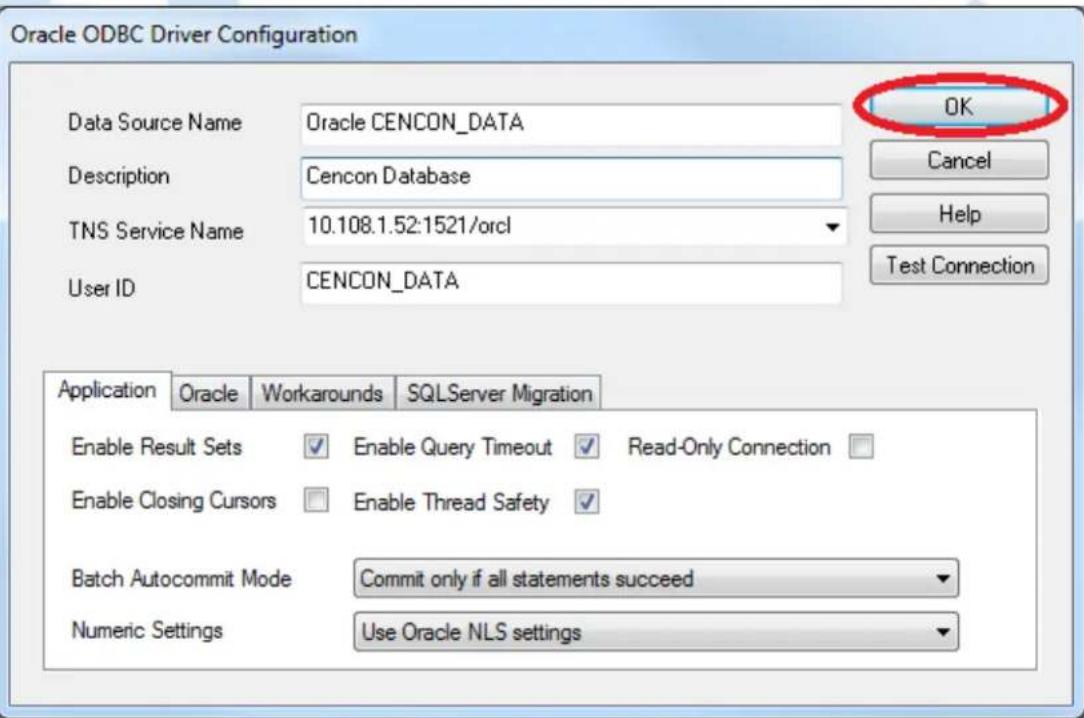 Oracle ODBC Driver Configuration Data Source Name Oracle CENCON_DATA Description Cencon Database TNS Service Name 10.108.1.52:1521/orcl User ID CENCON_DATA OK Cancel Help Test Connection Application Oracle.Workarounds SQLServer Migration Enable Result Sets Enable Query Timeout Read-Only Connection Enable Closing Cursors Enable Thread Safety Batch Autocommit Mode Commit only if all statements succeed Numeric Settings Use Oracle NLS settings