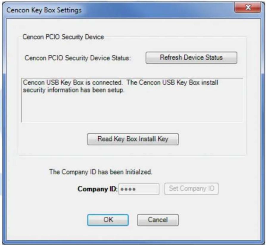 Cencon Key Box Settings Cencon PCIO Security Device Cencon PCIO Security Device Status: Refresh Device Status Cencon USB Key Box is connected. The Cencon USB Key Box install security information has been setup. Read Key Box Install Key The Company ID has been Initialized. Company ID: **** Set Company ID OK Cancel