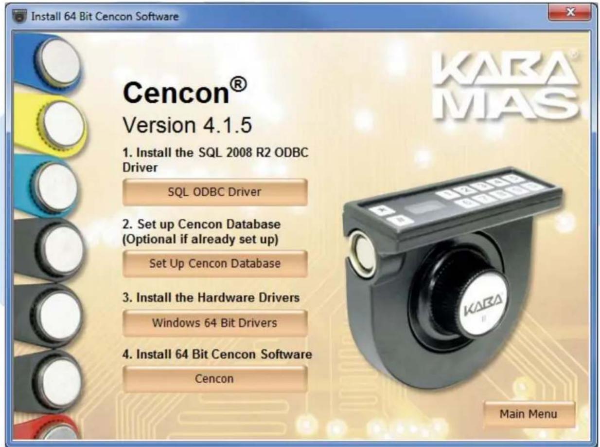 Install 64 Bit Cencon Software Cencon® Version 4.1.5 1. Install the SQL 2008 R2 ODBC Driver SQL ODBC Driver 2. Set up Cencon Database (Optional if already set up) Set Up Cencon Database 3. Install the Hardware Drivers Windows 64 Bit Drivers 4. Install 64 Bit Cencon Software Cencon Main Menu