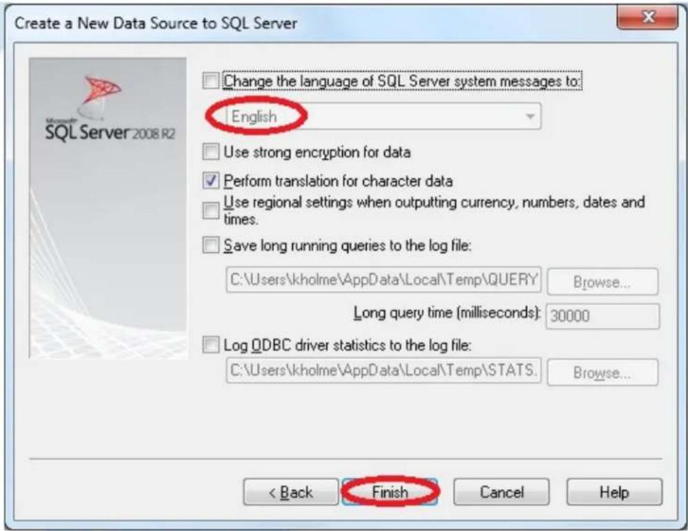 Create a New Data Source to SQL Server Change the language of SQL Server system messages to: English Use strong encryption for data Perform translation for character data Use regional settings when outputting currency, numbers, dates and times. Save long running queries to the log file: C:\Users\kholme\AppData\Local\Temp\QUERY Long query time (milliseconds): 30000 Log QDBC driver statistics to the log file: C:\Users\kholme\AppData\Local\Temp\STATS. < Back Finish Cancel Help