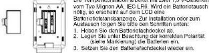 vom Typ Mignon AA, IEC LR6. Wird ein Batteristausch nötig, so erschöht auf dem LCD ohne Batterlofstandsanzeige. Zur Installation oder zum Aushausen folgen Sie bitte den Schritten unten: 1. Hopen Sie den Batteriofachdeckel ab. 2. Lagen Sie unter Beachtung der korrekten Polarität (siehe Markierung) die Batterien ein. 3. Setzen Sie den Batterierachdeckel wieder ein.