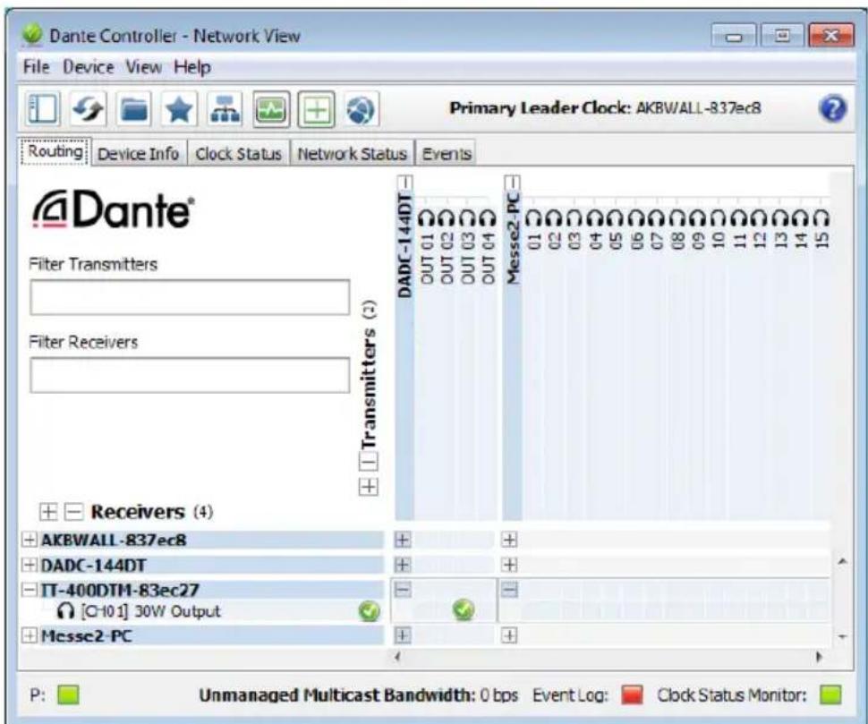Dante Controller - Network View File Device View Help Primary Leader Clock: AKBWALL-837ec8 Routing Device Info Clock Status Network Status Events Dante® Filter Transmitters Filter Receivers Transmitters (2) DADC-144DT OUT 01 OUT 02 OUT 03 OUT 04 Messe2-PC 01 02 03 04 05 06 07 08 09 10 11 12 13 14 15…