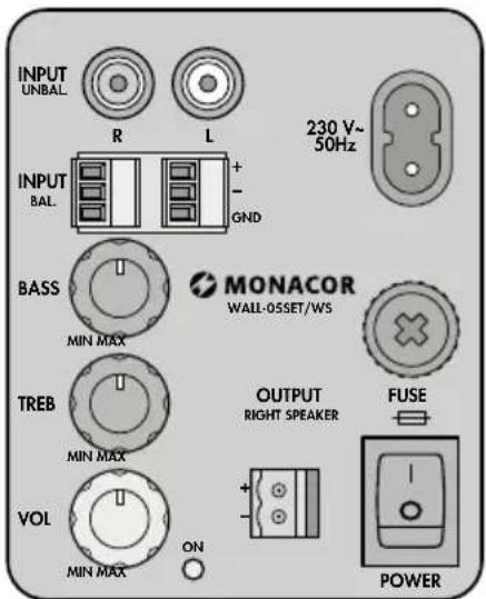INPUT UNBAL R L 230 V~ 50Hz INPUT BAL + - GND BASS MIN MAX MONACOR WALL-05SET/WS TREB MIN MAX OUTPUT RIGHT SPEAKER FUSE VOL MIN MAX ON POWER