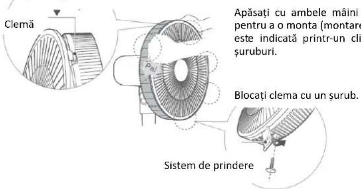 Clemă Apăsați cu ambele mâni pentru a o monta (montare este indicată printr-un cli suruburi. Blocați clema cu un surub. Sistem de prindere