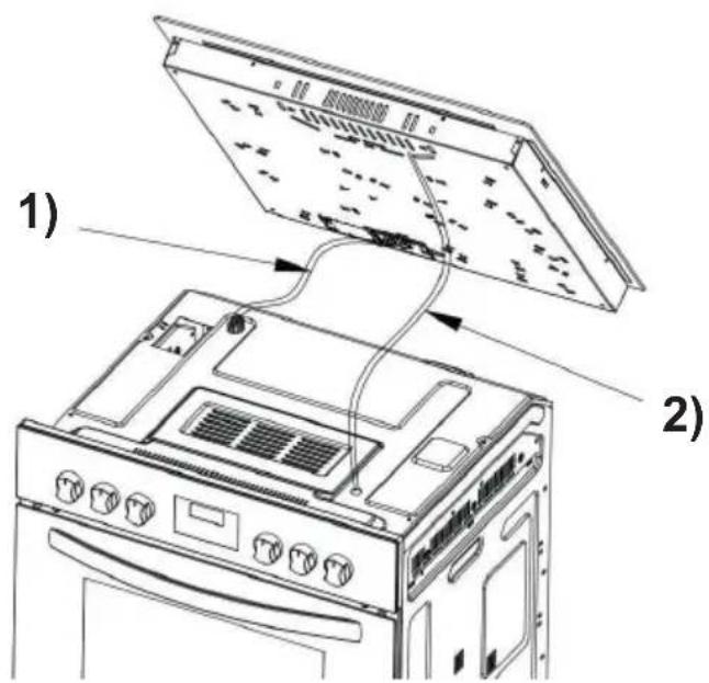 Diagram showing two views of an oven appliance with labeled parts, including a top-down view and internal components.