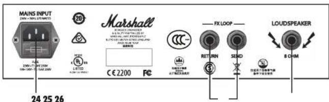 MAINS INPUT 24 25 26 MARSHALL € 2200 FX LOOP RETURN SEND LOUDSPEAKER 8 CHM 200V 100V 150V 100V 150V 200V 24 25 26