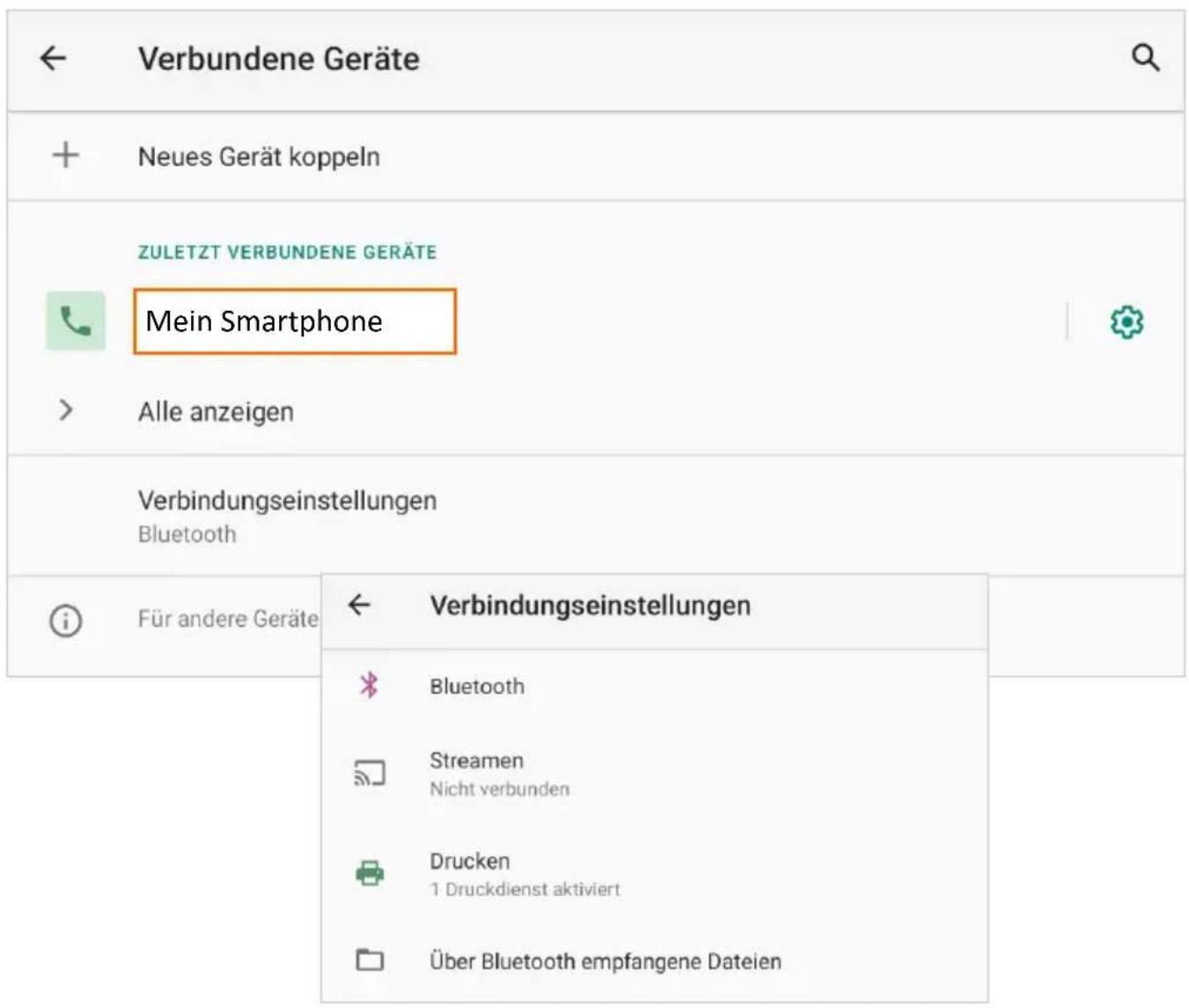 Verbundene Geräte + Neues Gerät koppeln ZULETZT VERBUNDENE GERÄTE Mein Smartphone Alle anzeigen Verbindungseinstellungen Bluetooth i Für andere Geräte Verbindungseinstellungen Bluetooth Streamen Nicht verbunden Drucken 1 Druckdienst aktiviert Über Bluetooth empfangene Dateien
