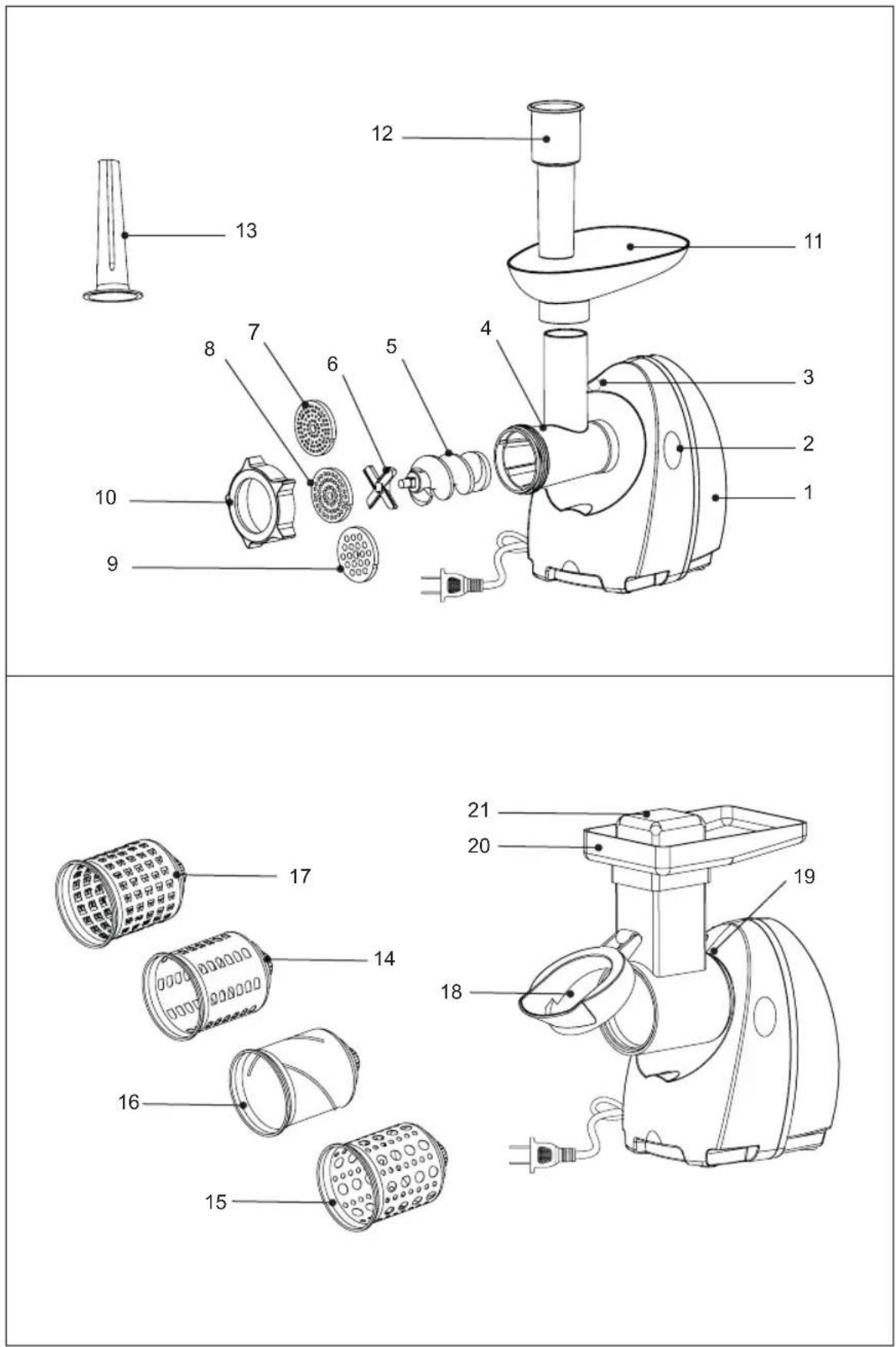 Technical diagram of a food processor with numbered parts for identification and assembly reference.