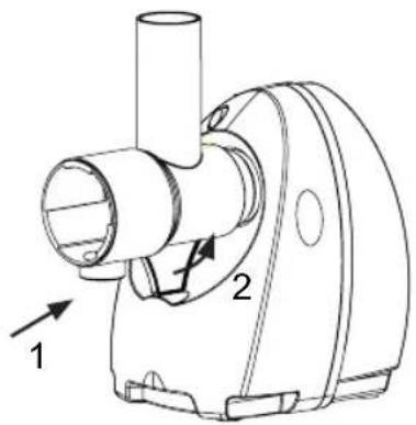 Technical diagram of a mechanical device with labeled parts 1 and 2, showing internal components and directional arrows.