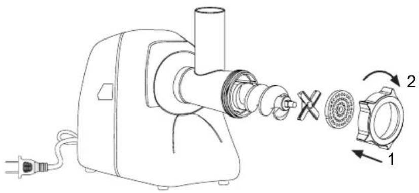 Technical diagram of a sewing machine with labeled parts and directional arrows indicating components 1 and 2.