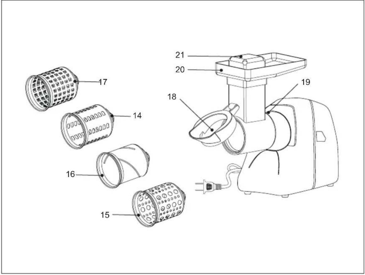 Technical diagram of a food grater with numbered parts for identification