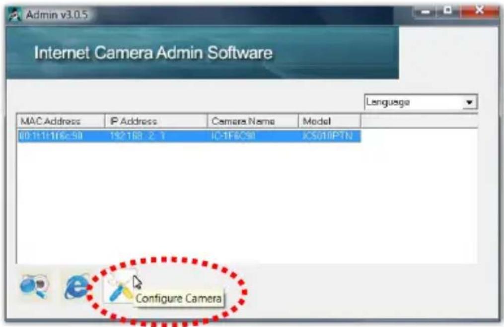Admin v3.0.5 Internet Camera Admin Software Language MAC Address IP Address Camera Name Model 00:1+1+1f6c50 192168 2 3 IC-1F6C50 ICS01@PTN Configure Camera