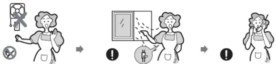 Illustration showing a woman using a fan mask to interact with a window, followed by warning symbols and a hand gesture.