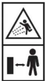 Warning sign with pictogram showing a person throwing dust from a triangular object, with an arrow indicating leftward motion.