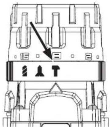 Technical diagram of a mechanical component with labeled ports and an arrow indicating direction or force.