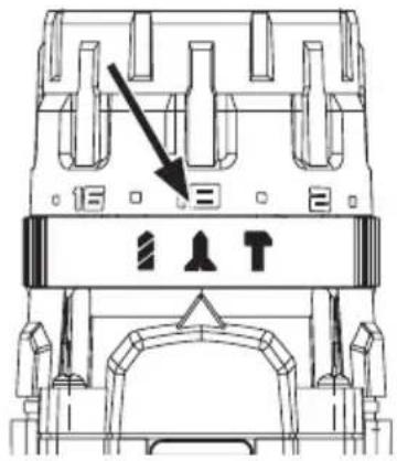 Technical diagram of a mechanical component with labeled parts and an arrow indicating direction or feature