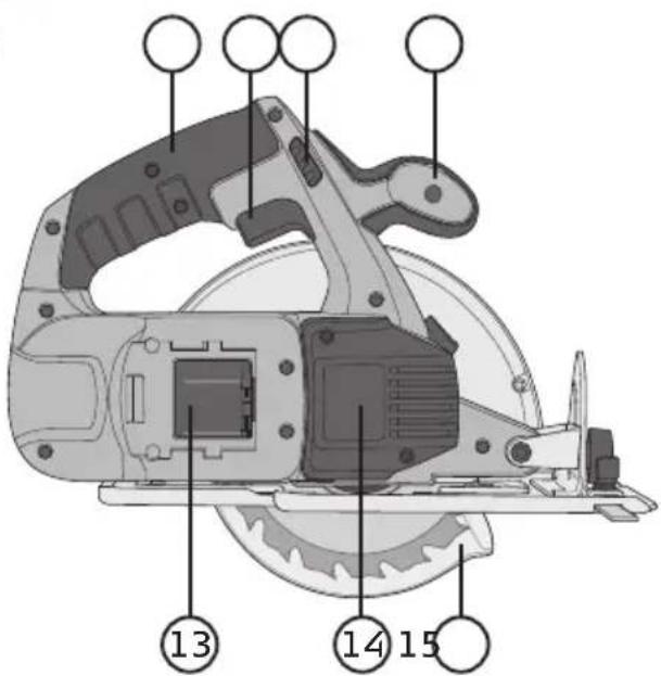 Technical diagram of a mechanical cutting tool with numbered parts labeled 13, 14, and 15