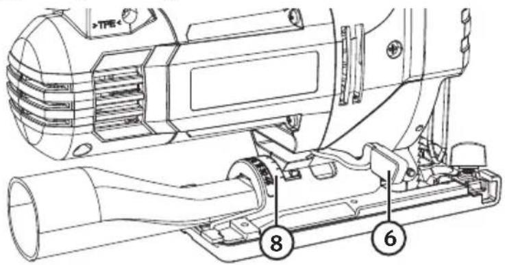 Technical diagram of a mechanical device with numbered parts labeled 6 and 8