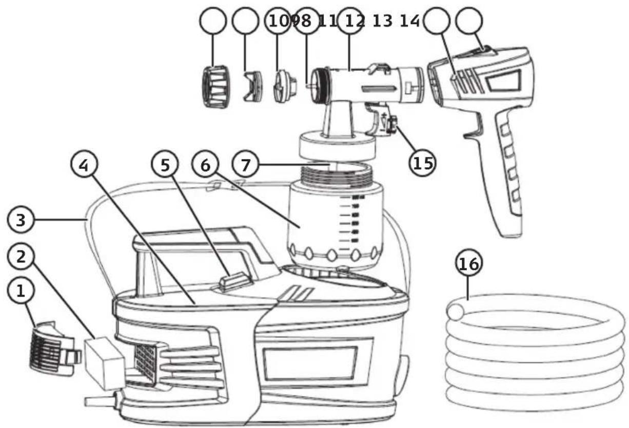 Labeled diagram of a spray gun assembly with numbered parts for identification