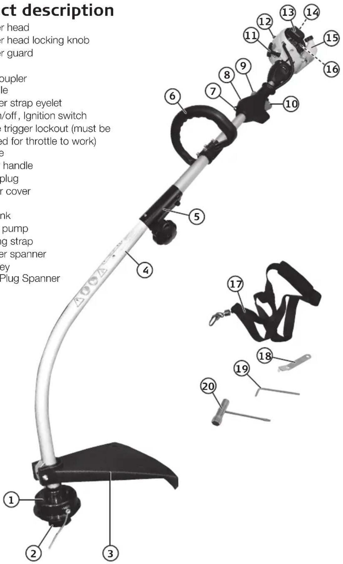 act description or head or head locking knob or guard oupler le er strap eyelet /off, Ignition switch trigger lockout (must be ed for throttle to work) e handle plug or cover nk pump g strap er spanner ey Plug Spanner 1 2 3 4 5 6 7 8 9 10 11 12 13 14 15 16 17 18 19 20