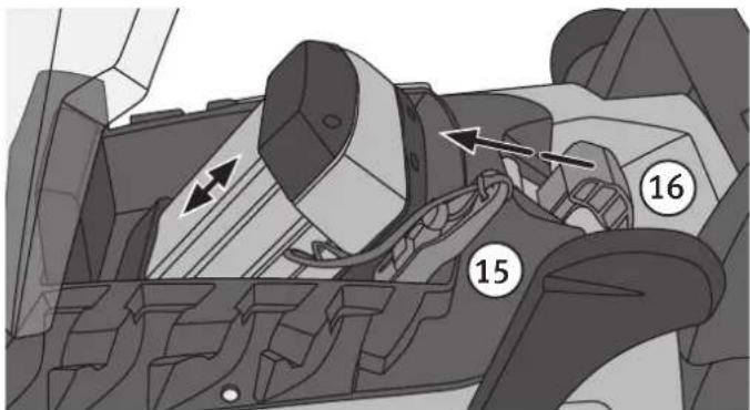 Technical diagram of a mechanical assembly with numbered components and directional arrows indicating motion or flow.