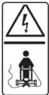 Safety warning sign showing a lightning bolt above a person using a power plug, indicating hazard or hazard.