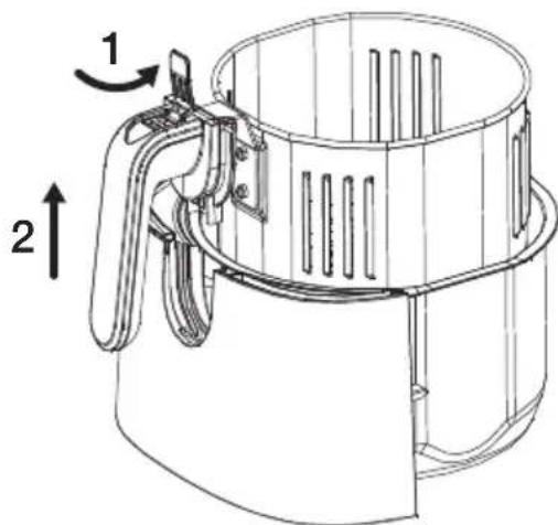 Technical diagram of a mechanical device with labeled parts and directional arrows indicating rotation or movement.