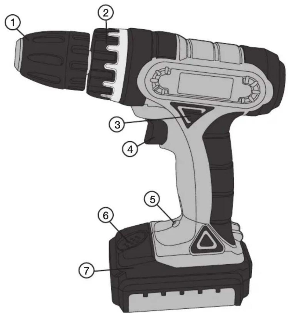 Labeled diagram of a handheld electric drill with numbered parts for identification