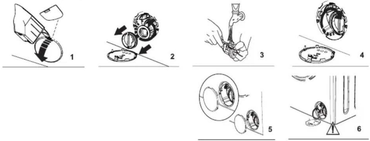 Diagram illustrating six steps of mechanical assembly or disassembly, labeled 1 to 6 with corresponding illustrations.