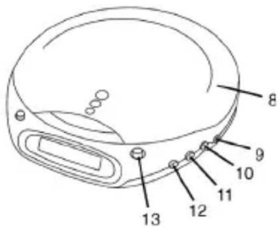 Diagram of a device with numbered parts labeled 8 through 13, likely for labeling or assembly reference.