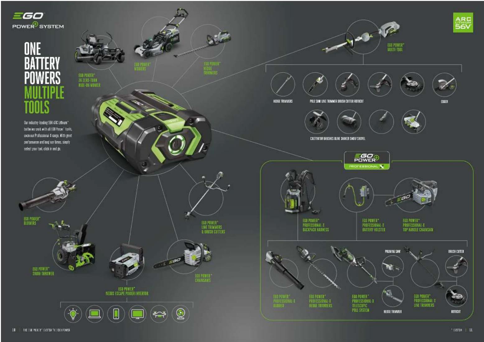 EGO POWER® SYSTEM ONE BATTERY POWERS MULTIPLE TOOLS Our industry leading 56V ARC Lithium™ toolbars work with all EGO Power® tools, even our Professional # range. White great performance and long run times, simply select your tool, click in and go. EGO POWER® ZS ZERO-TURN RIDE-ON NOWER EGO POWER® MOWERS EGO POWER® HEDGE TRIMMERS EGO POWER™ MULTI-TOOL HEDGE TRIMMERS POLE SAW LINE TRINNER BRUSH CUTTER ROTCOFT EDGER CULTIVATOR BRUSHES BLUE SHAKER SHAW SKWEL EGO POWER® BLOWERS EGO POWER® LINE TRIMMERS & BRUSH CUTTERS EGO POWER® CHAINSANS EGO POWER® PROFESSIONAL X BACKPACK HARKNESS EGO POWER® PROFESSIONAL X BATTERY HUICER EGO POWER® PROFESSIONAL X TOP MIDDLE CHAINSCAN EGO POWER® SNOW THROWER EGO POWER® HENIX ESCAPE POWER INVERTOR PRUMPING SAW BRUSH CUTTER EGO POWER® PROFESSIONAL X BEONE TRIMMERS EGO POWER® PROFESSIONAL X TElescopic POLE SYSTEM EGO POWER® PROFESSIONAL X LINE TRIMMERS ROTUCUT