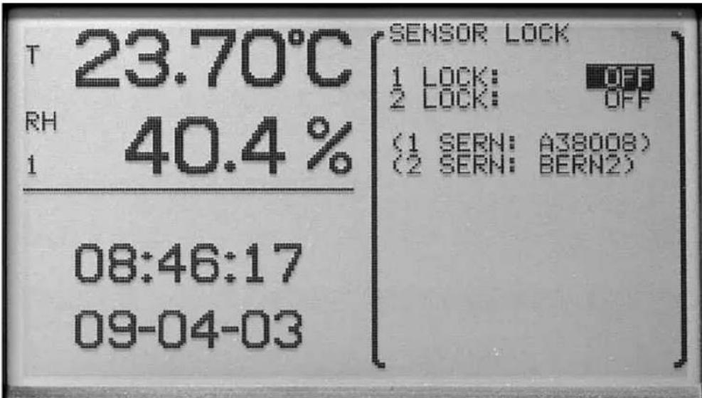 T 23.70°C RH 40.4% 1 08:46:17 09-04-03 SENSOR LOCK 1 LOCK: OFF 2 LOCK: OFF (1 SERN: A38008) (2 SERN: BERN2)