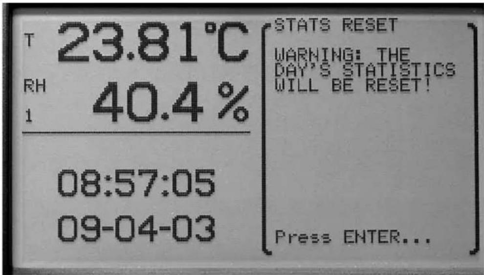 T 23.81°C RH 40.4% 1 08:57:05 09-04-03 STATS RESET WARNING: THE DAY'S STATISTICS WILL BE RESET! Press ENTER...