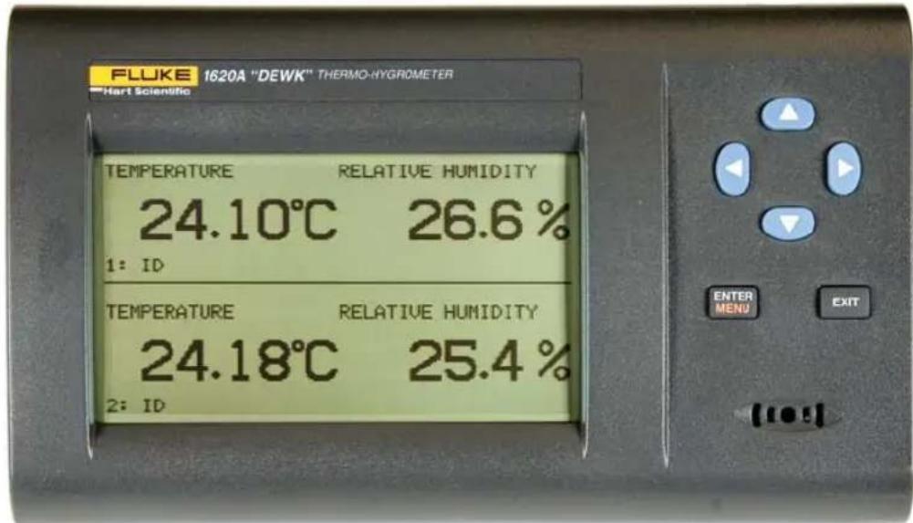 FLUKE 1620A "DEWK" THERMO-HYGROMETER Hart Scientific TEMPERATURE RELATIVE HUMIDITY 24.10°C 26.6% 1: ID TEMPERATURE RELATIVE HUMIDITY 24.18°C 25.4% 2: ID ENTER MENU EXIT (10:1)