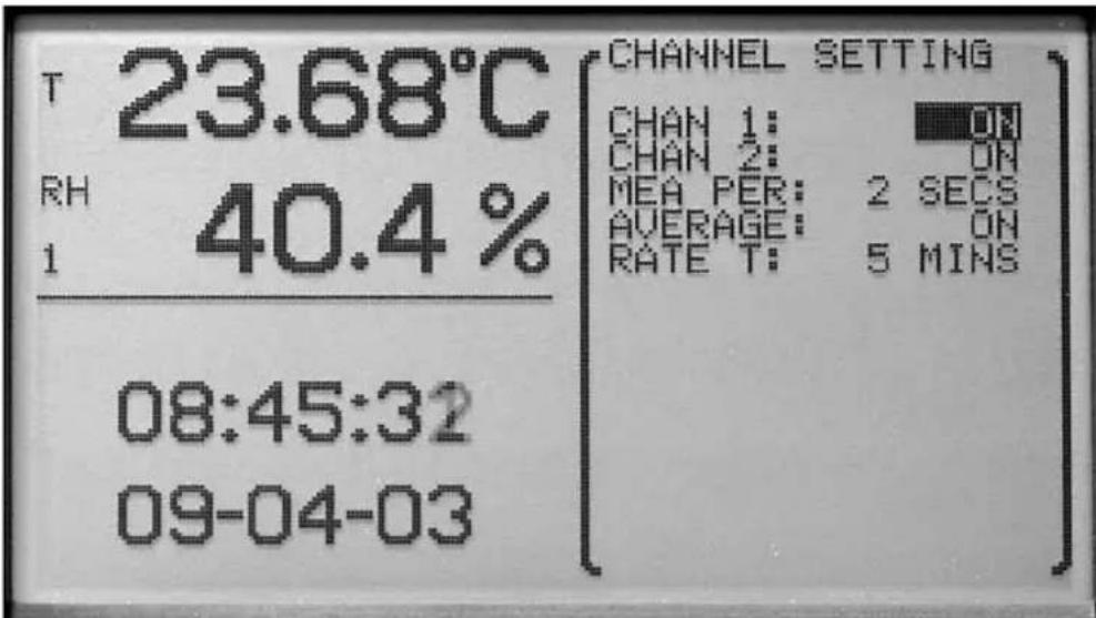 T 23.68°C RH 40.4% 1 CHANNEL SETTING CHAN 1: ON CHAN 2: ON MEA PER: 2 SECS AVERAGE: ON RATE T: 5 MINS 08:45:32 09-04-03
