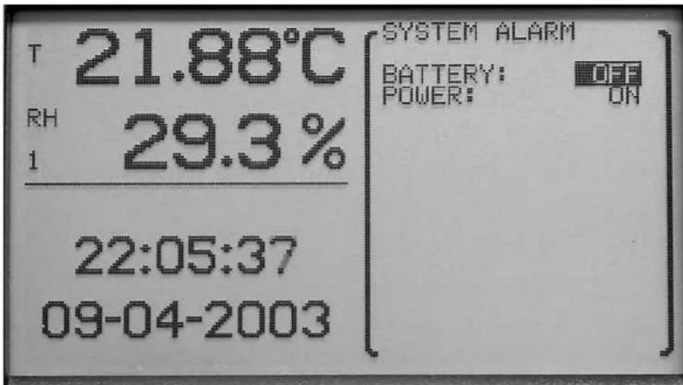 T 21.88°C RH 29.3% 1 22:05:37 09-04-2003 SYSTEM ALARM BATTERY: OFF POWER: ON